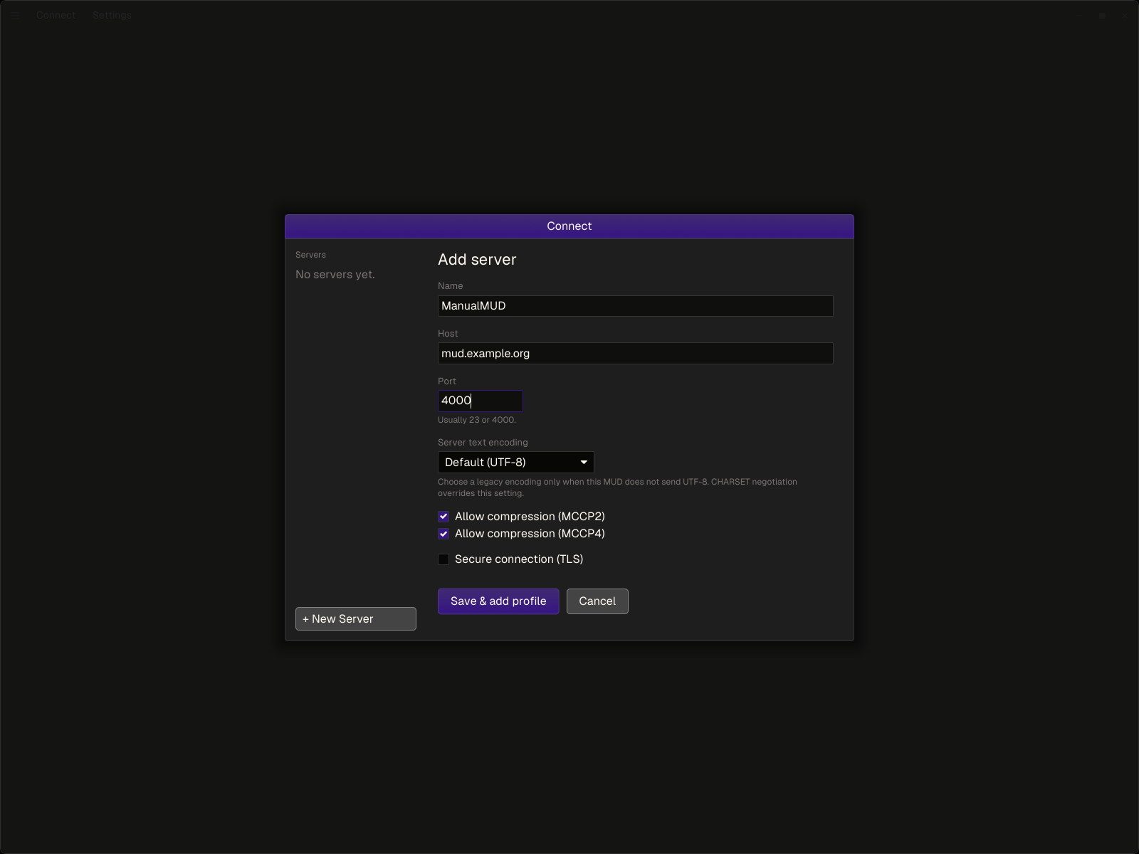 The Add server form with the address and connection options filled in The Add server form with the address and connection options filled in