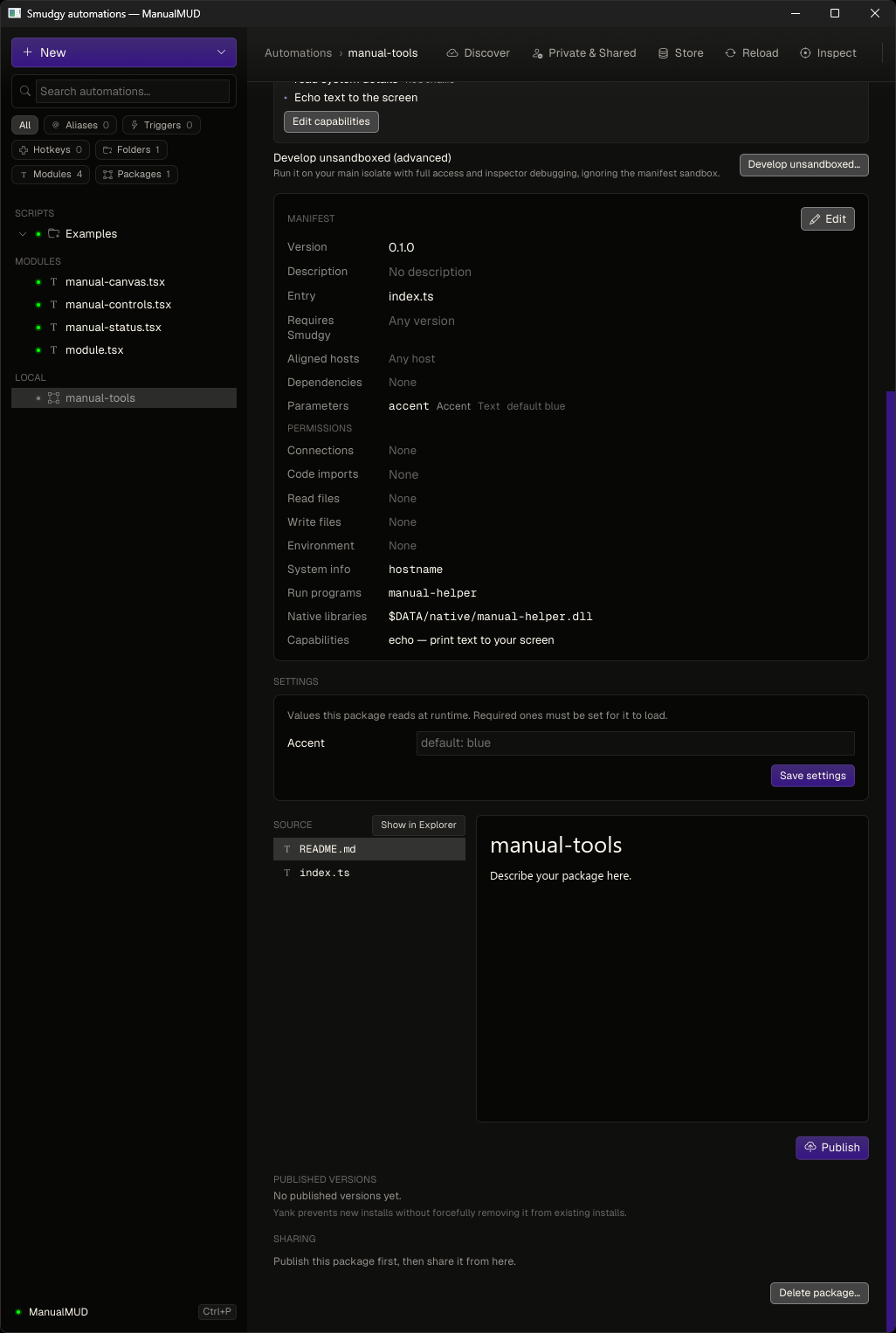 A local package detail showing its source files, manifest summary, sandbox status, and publish action A local package detail showing its source files, manifest summary, sandbox status, and publish action