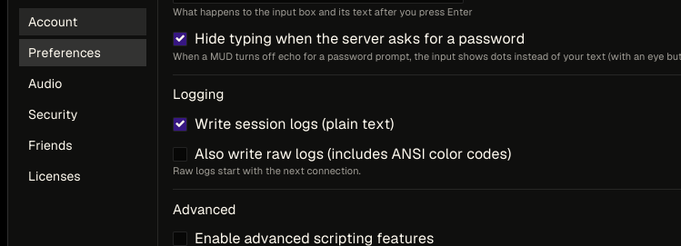 The Logging section with session logs enabled and raw logging disabled The Logging section with session logs enabled and raw logging disabled