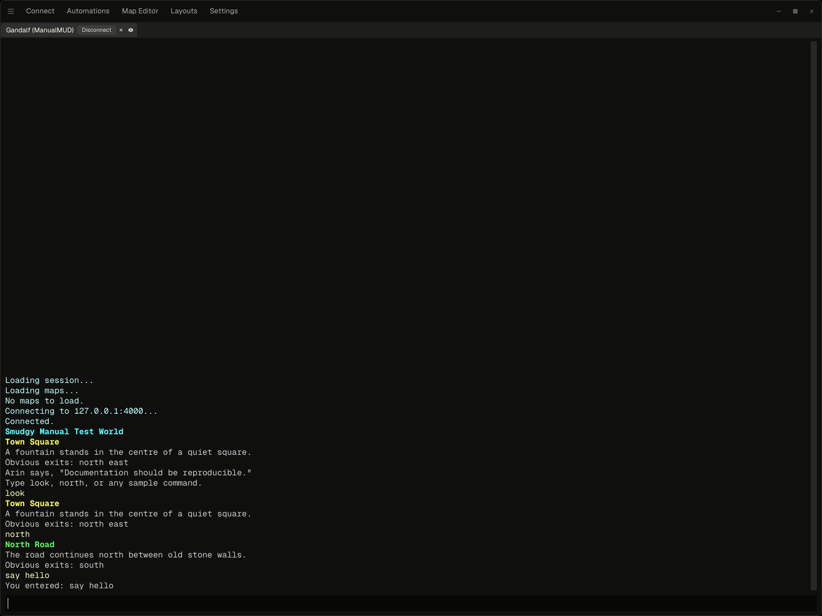 The main smudgy window with the toolbar, output pane, pane header, and command input labelled The main smudgy window with the toolbar, output pane, pane header, and command input labelled